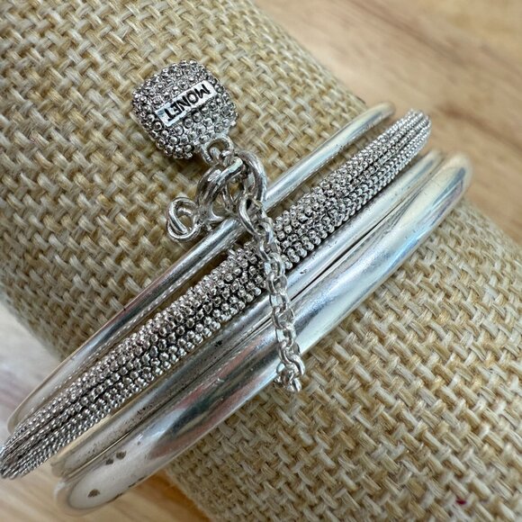 Vintage Monet Silver-Tone Stackable Bangle Bracelets With Textured & Smooth Desi - Picture 5 of 12